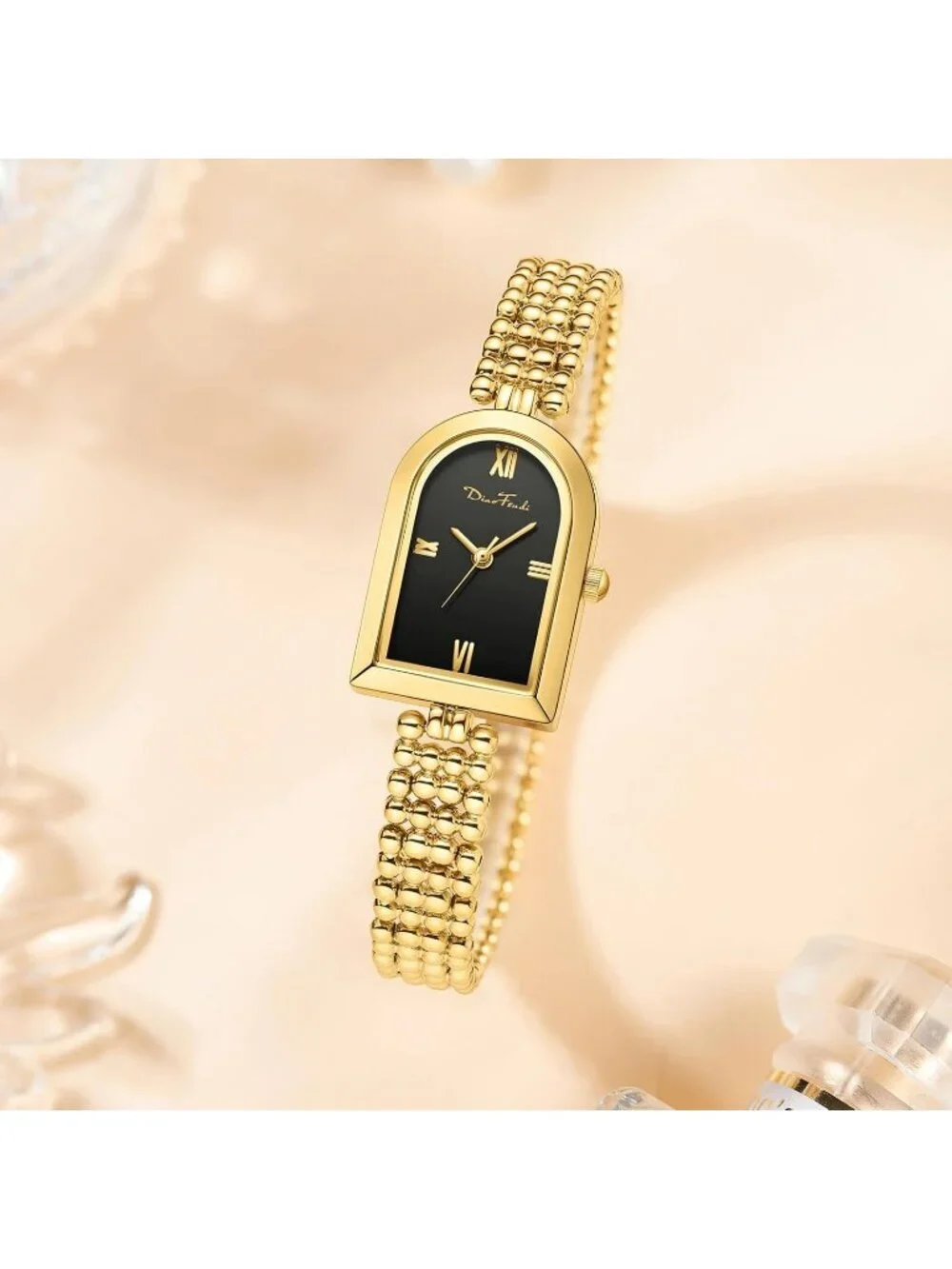 Diaofendi Women Black Gold Adjustable Strap Petite Arch Elegant Waterproof Watch